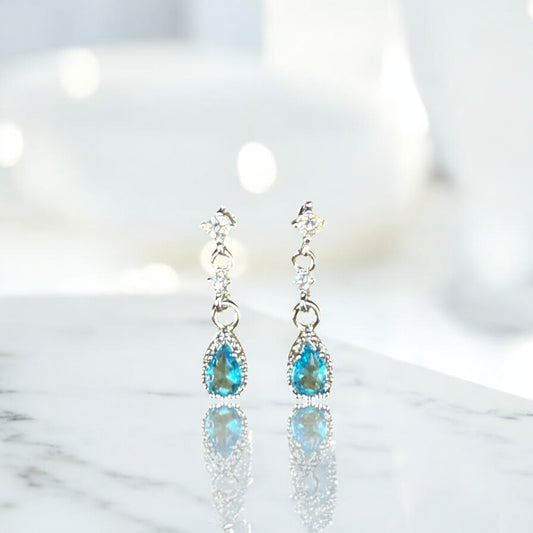 “Elegant Silver Drop Earrings with Glistening Blue Gemstone”